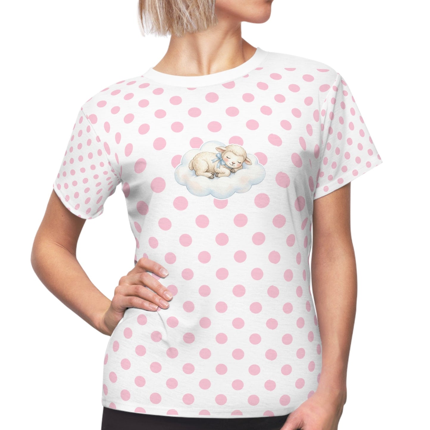 Baby Lamb Cloud pink polkadot Women's Tee — 'dfhr' Lamb with bow