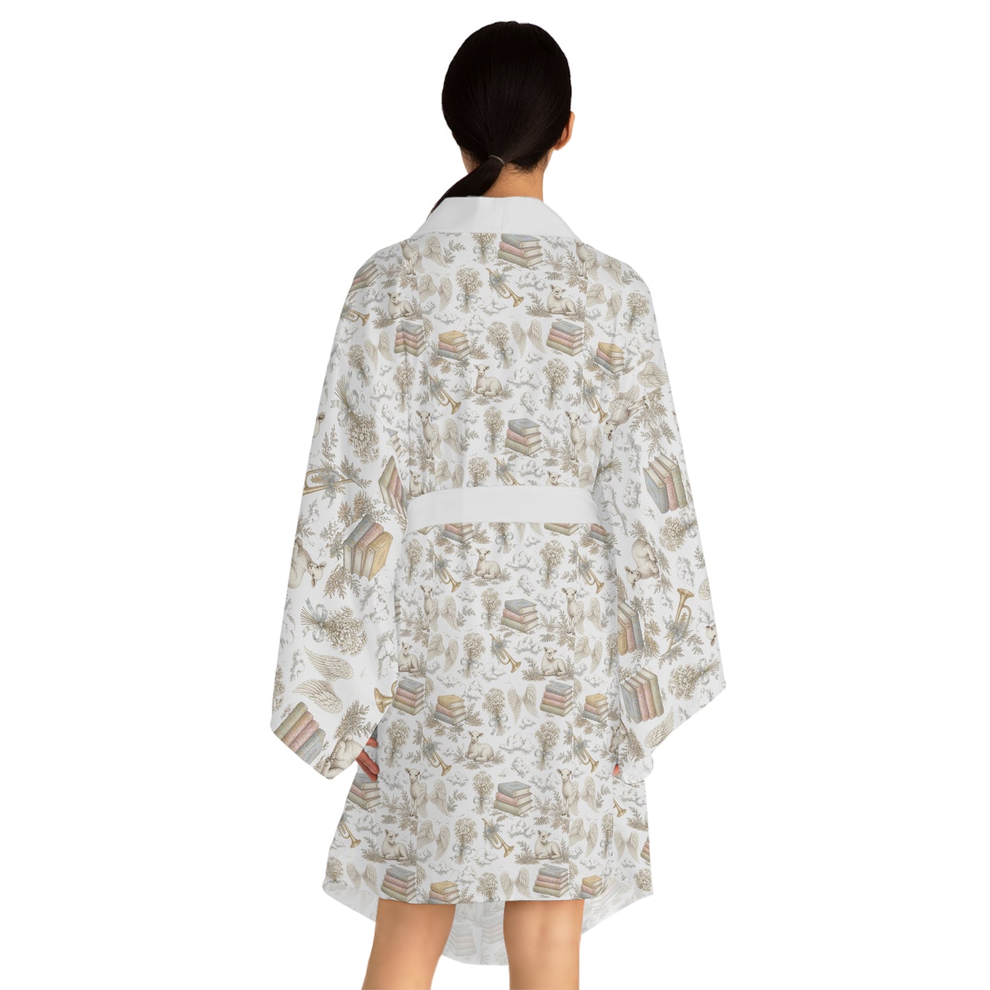 Boho Bookish Kimono Robe – Cozy Neutral Storybook Print