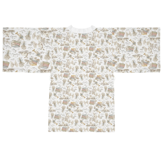 Boho Bookish Kimono Robe – Cozy Neutral Storybook Print