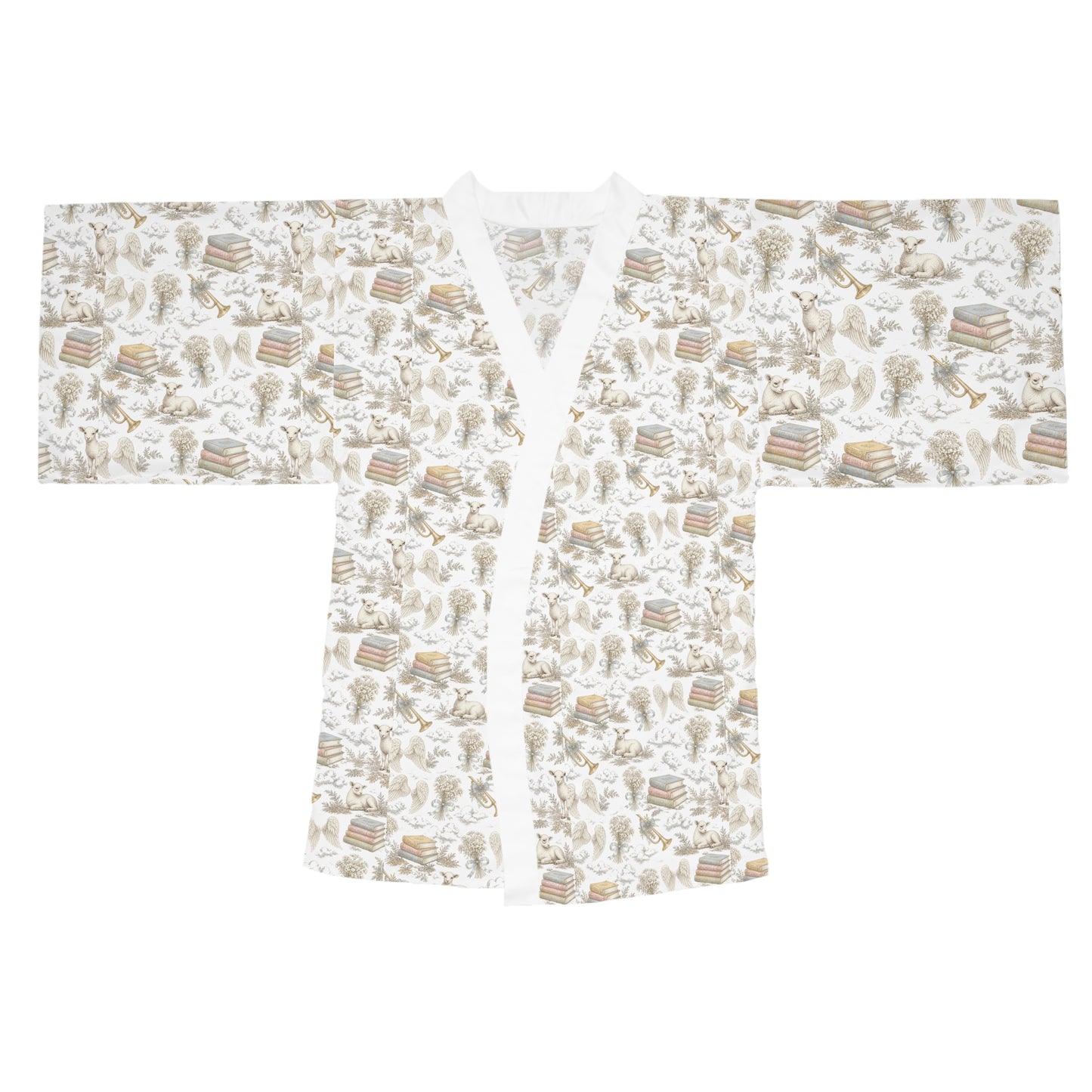 Boho Bookish Kimono Robe – Cozy Neutral Storybook Print
