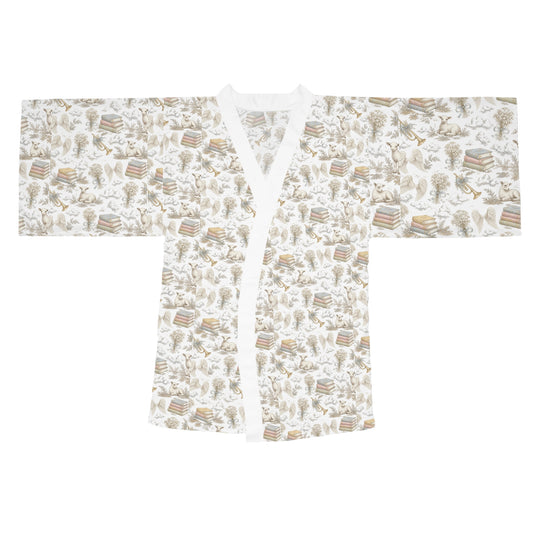 Boho Bookish Kimono Robe – Cozy Neutral Storybook Print