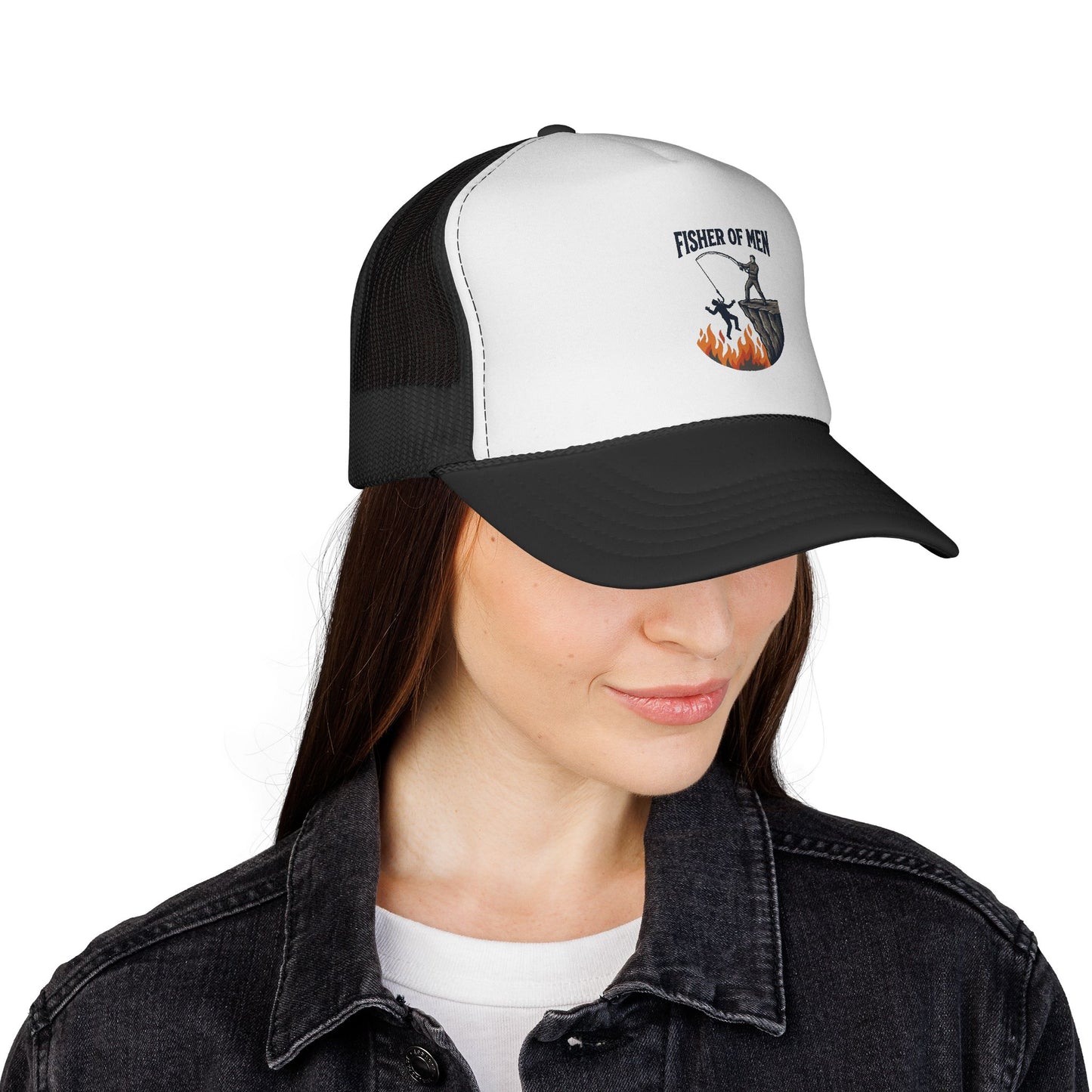 Trucker Hat — Fisher of Men Fishing Christian Cap (Flame Graphic)
