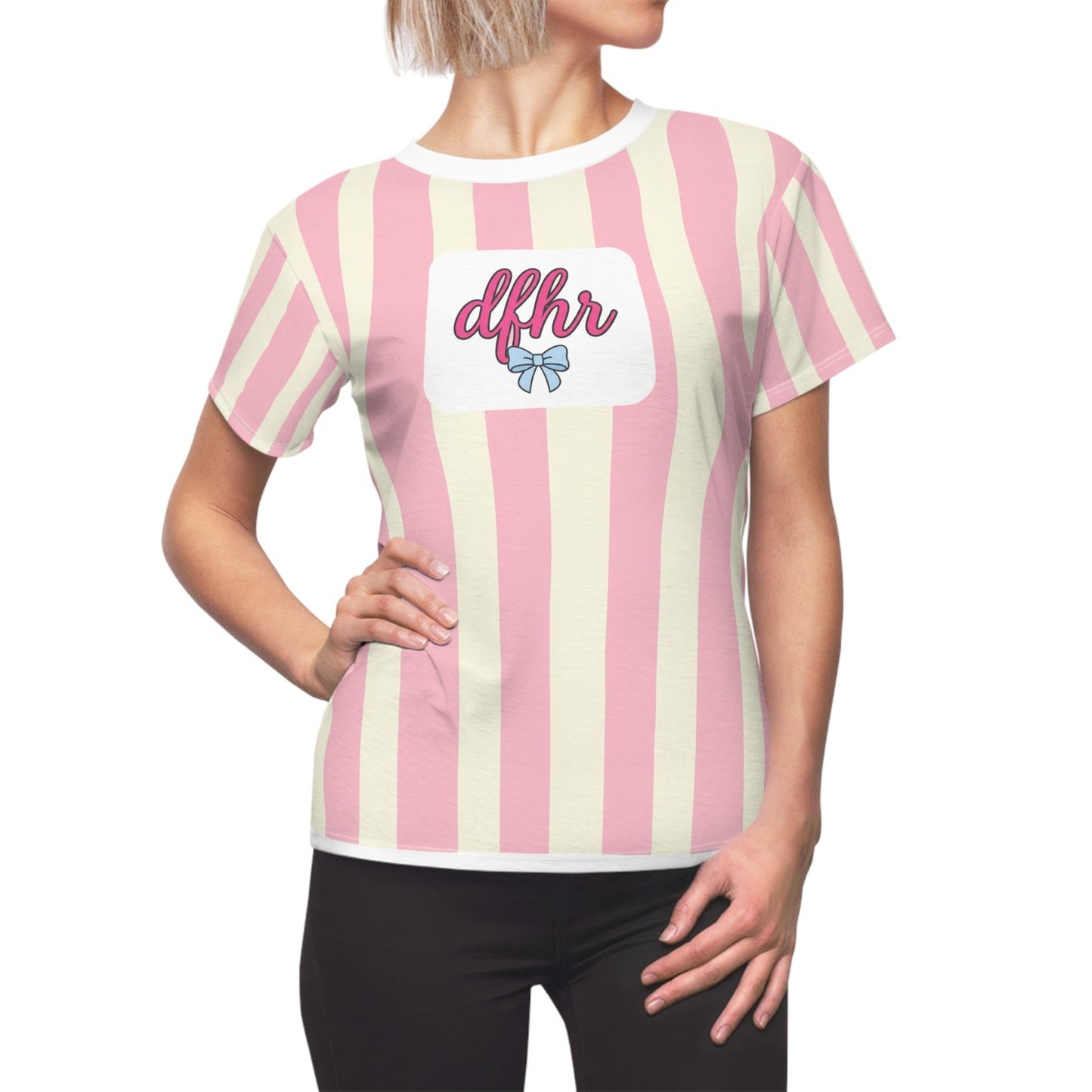 Pink Striped Women's Tee — 'dfhr' Patch with Bow