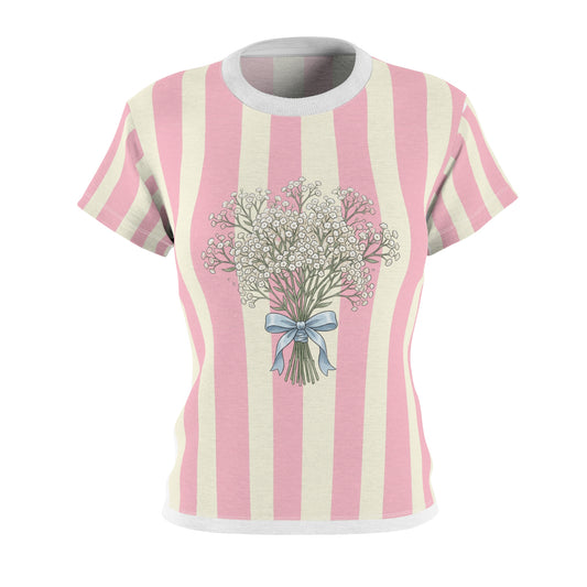 Pink Striped Women's Tee — 'dfhr' Patch with Bow