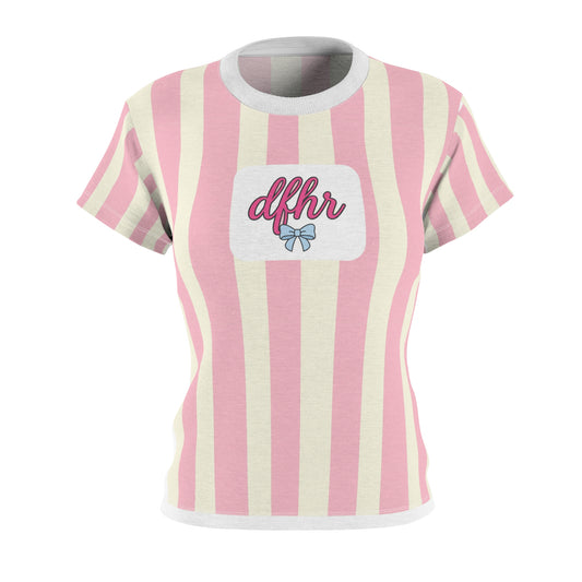 Pink Striped Women's Tee — 'dfhr' Patch with Bow
