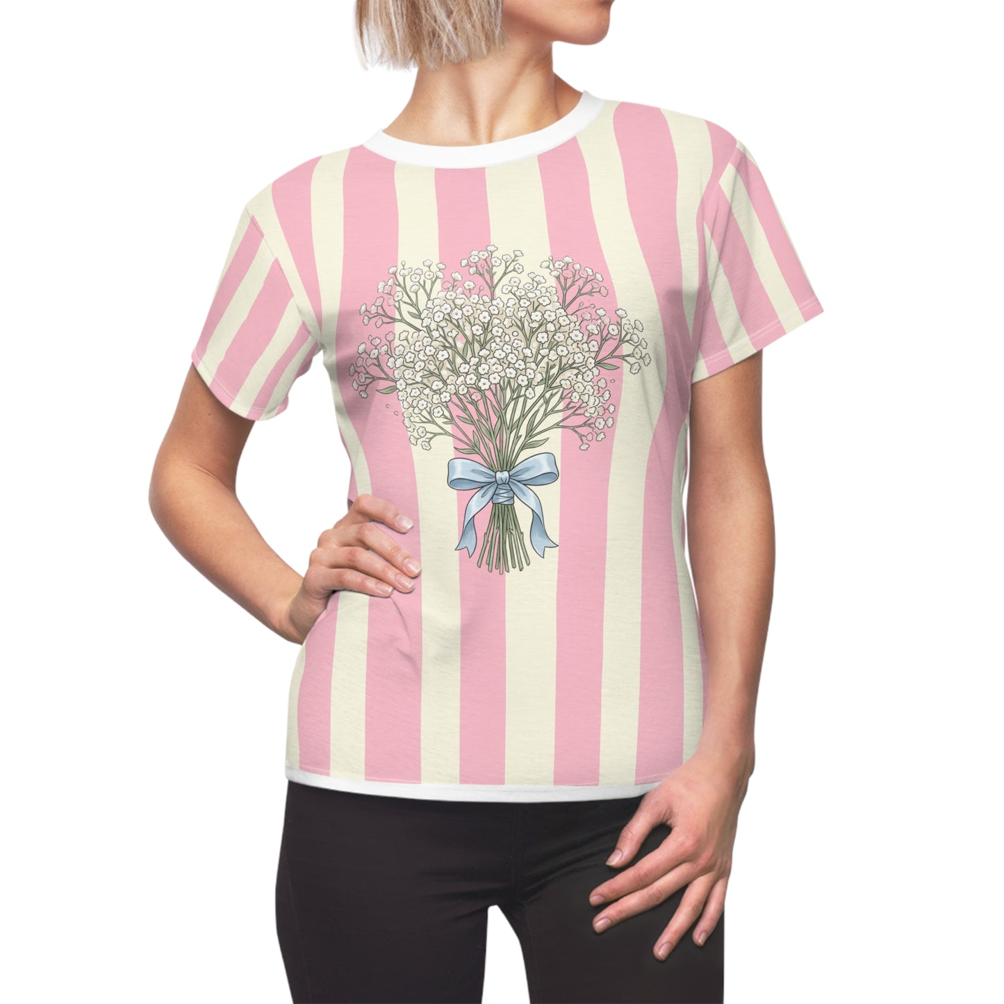 Pink Striped Women's Tee — 'dfhr' Patch with Bow