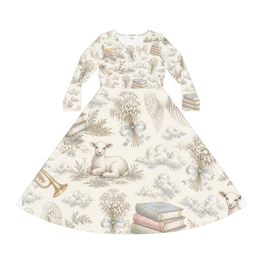 Angelic Lamb Long-Sleeve Dance Dress — Vintage Floral & Wings AOP