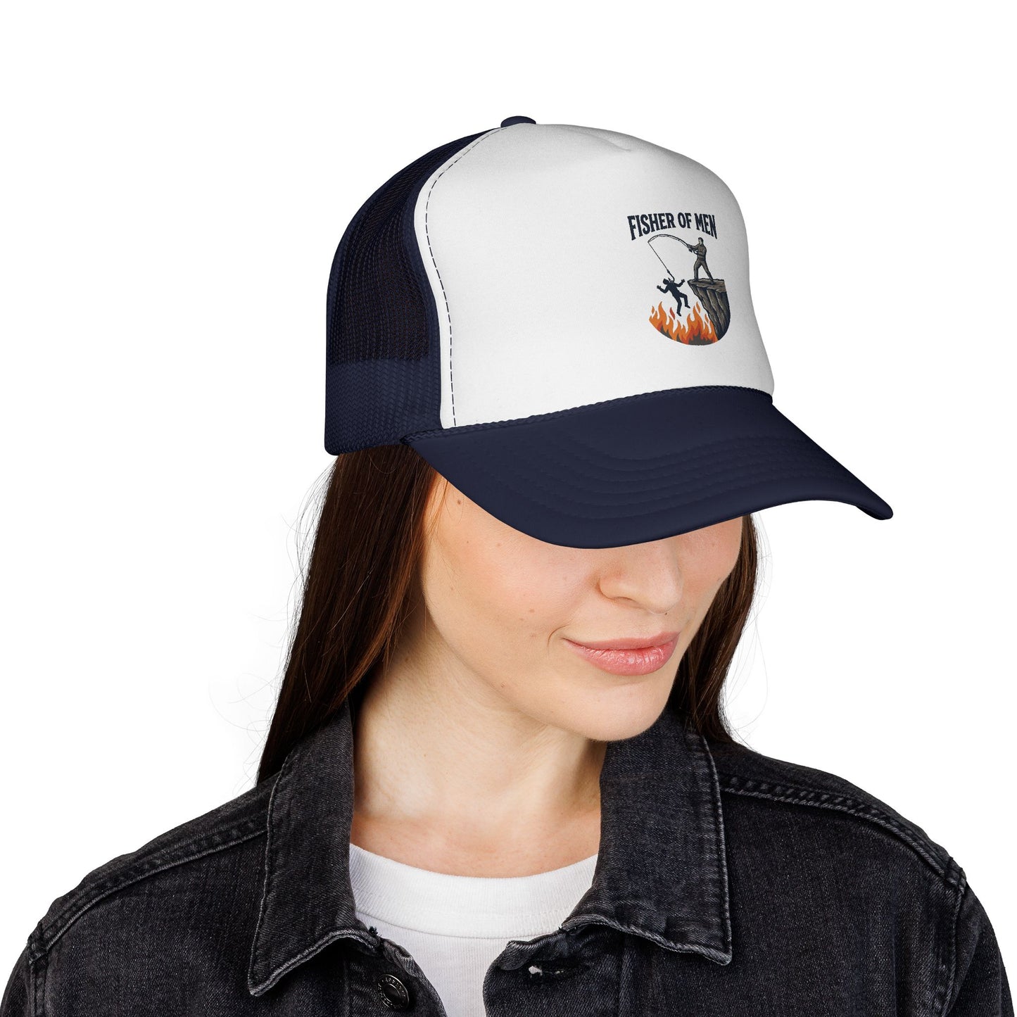 Trucker Hat — Fisher of Men Fishing Christian Cap (Flame Graphic)