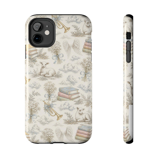 Tough Phone Case — Vintage Angelic Nursery Pattern (Lambs, Wings, Books)