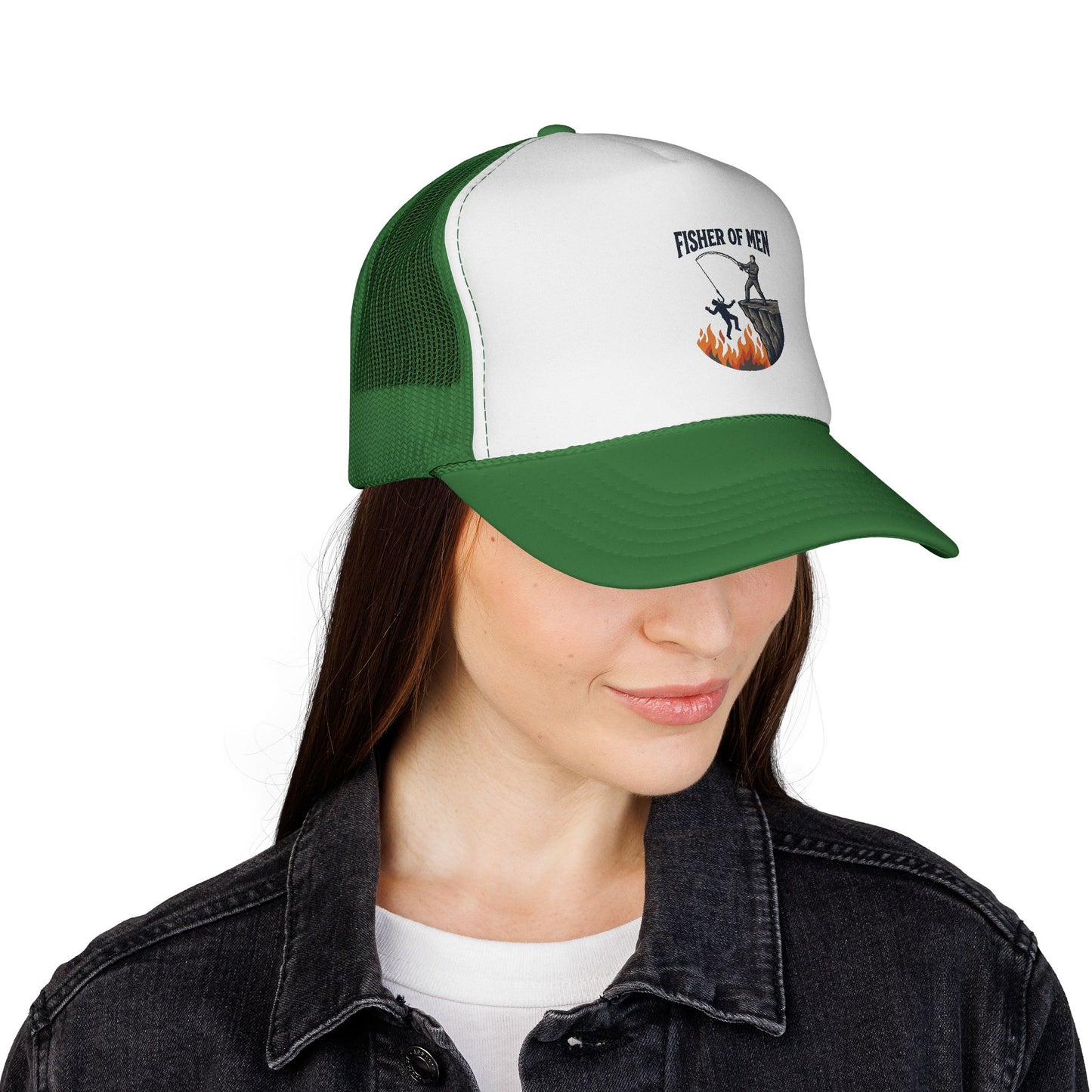 Trucker Hat — Fisher of Men Fishing Christian Cap (Flame Graphic)