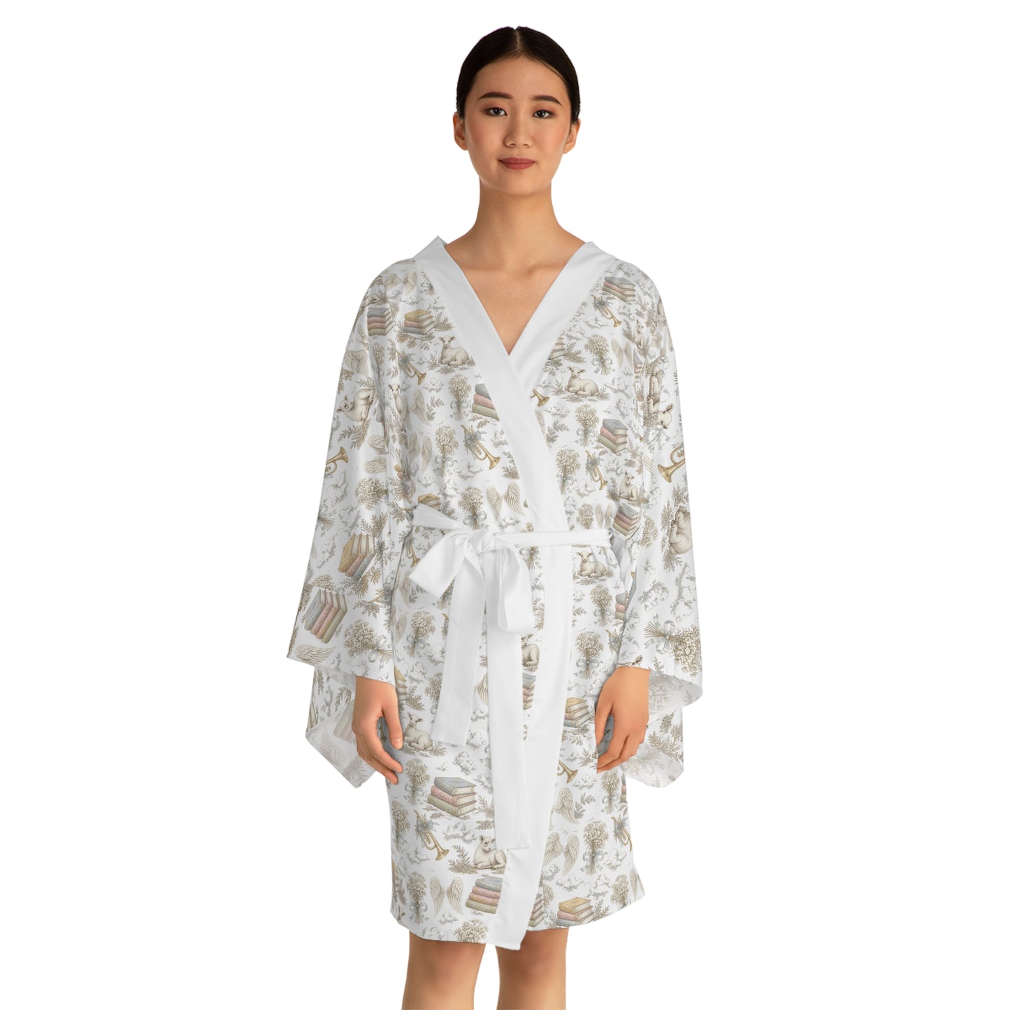 Boho Bookish Kimono Robe – Cozy Neutral Storybook Print