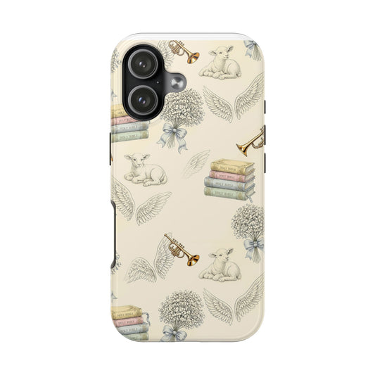 Vintage Nursery Lamb Tough Phone Case — Pastel Books & Toy Trumpet Pattern