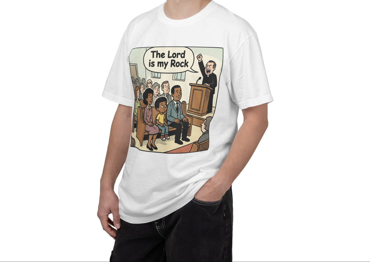 Christian Comic T-Shirt — "The Lord Is My Rock" Humorous Faith Tee