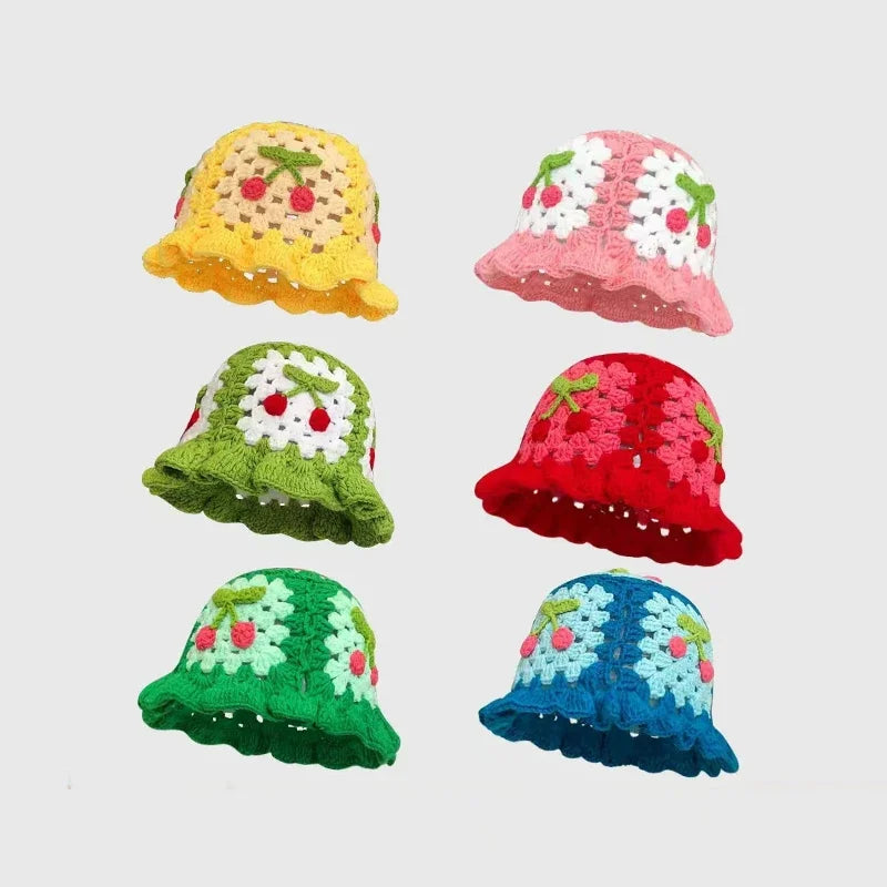 2026New Strawberry Knitted Y2k Crochet Hollow Flower Bucket Hat Women Cotton Handmade Girl Autumn Sweet Cute Basin Hat Wholesale