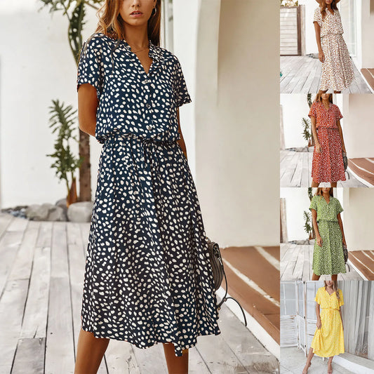 Casual Polka Print Midi Dresses For Women For Women Short Sleeve Lace Up Tunic Dress Summer Button Up Lapel Shirt Dresses