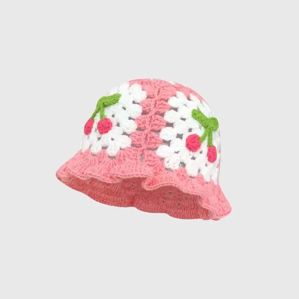 2026New Strawberry Knitted Y2k Crochet Hollow Flower Bucket Hat Women Cotton Handmade Girl Autumn Sweet Cute Basin Hat Wholesale