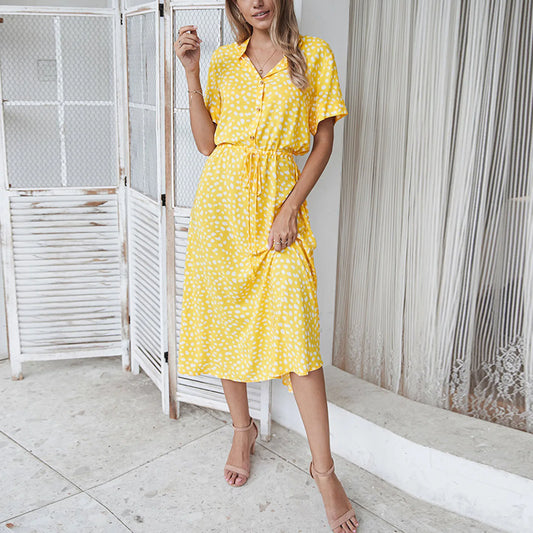 Casual Polka Print Midi Dresses For Women For Women Short Sleeve Lace Up Tunic Dress Summer Button Up Lapel Shirt Dresses