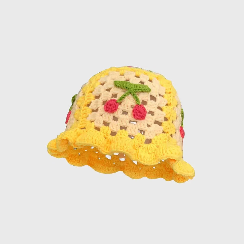 2026New Strawberry Knitted Y2k Crochet Hollow Flower Bucket Hat Women Cotton Handmade Girl Autumn Sweet Cute Basin Hat Wholesale