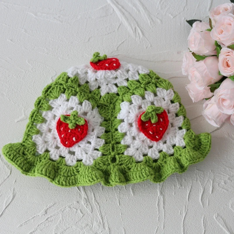 2026New Strawberry Knitted Y2k Crochet Hollow Flower Bucket Hat Women Cotton Handmade Girl Autumn Sweet Cute Basin Hat Wholesale
