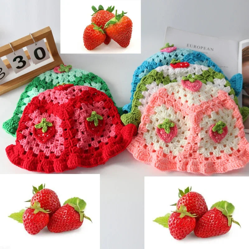 2026New Strawberry Knitted Y2k Crochet Hollow Flower Bucket Hat Women Cotton Handmade Girl Autumn Sweet Cute Basin Hat Wholesale