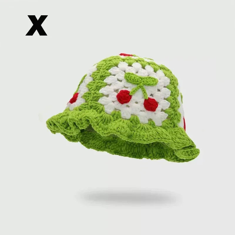 2026New Strawberry Knitted Y2k Crochet Hollow Flower Bucket Hat Women Cotton Handmade Girl Autumn Sweet Cute Basin Hat Wholesale