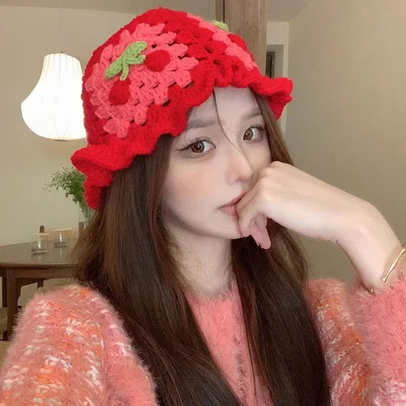 2026New Strawberry Knitted Y2k Crochet Hollow Flower Bucket Hat Women Cotton Handmade Girl Autumn Sweet Cute Basin Hat Wholesale