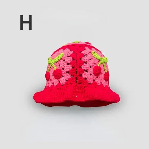 2026New Strawberry Knitted Y2k Crochet Hollow Flower Bucket Hat Women Cotton Handmade Girl Autumn Sweet Cute Basin Hat Wholesale