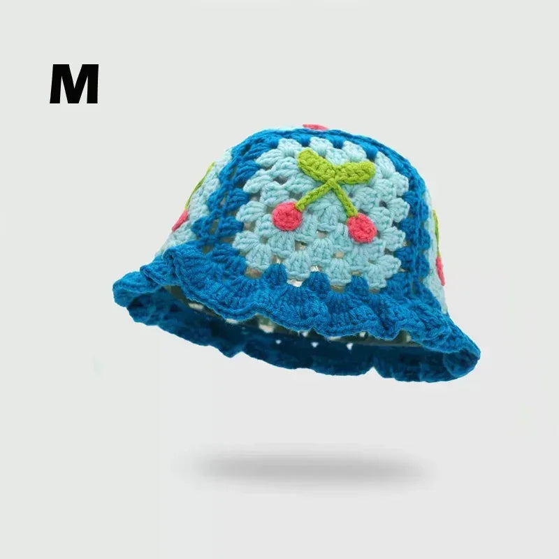 2026New Strawberry Knitted Y2k Crochet Hollow Flower Bucket Hat Women Cotton Handmade Girl Autumn Sweet Cute Basin Hat Wholesale