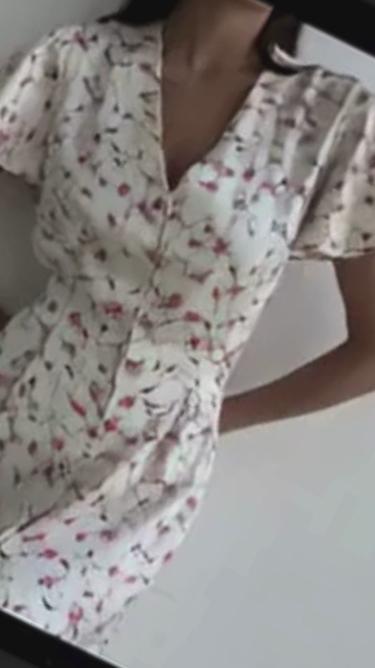 Floral Print V-Neck Flutter Sleeves Midi Dress